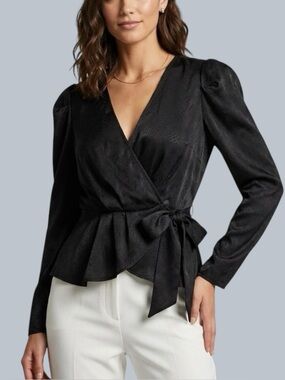 Express Size M Black Snake Print Long Puff Sleeve Faux Wrap Tie Waist Blouse